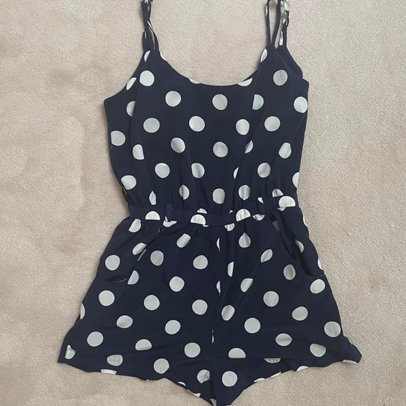 Navy blue and white polka dot satin romper retro 50s style - Picture 3 of 4